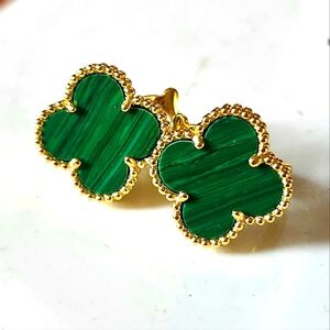 Stud Earrings Clover Design Green color Opal stone.Stainless Steel Plated